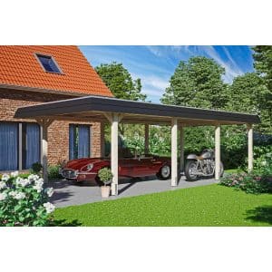 Skan Holz Carport Wendland Natur 409 x 870 cm Alu-Dach Blende Schwarz