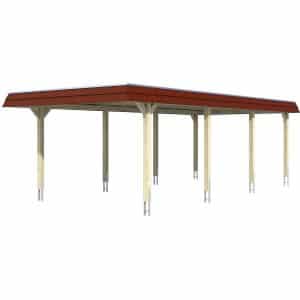 Skan Holz Carport Wendland Nussbaum 409 x 870 cm Alu-Dach Blende Rot