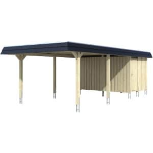 Skan Holz Carport Wendland Nussbaum + Anbau 409 x 870 cm Alu-Dach Blende Schwarz