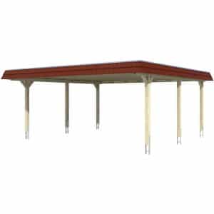 Skan Holz Doppelcarport Wendland Natur 630 x 637 cm Alu-Dach Blende Rot