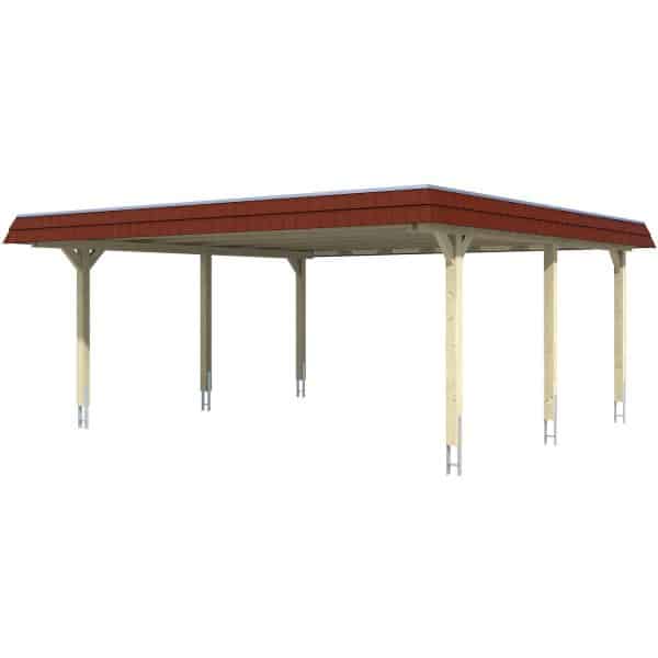 Skan Holz Doppelcarport Wendland Eiche hell 630 x 637 cm EPDM-Dach Blende Rot