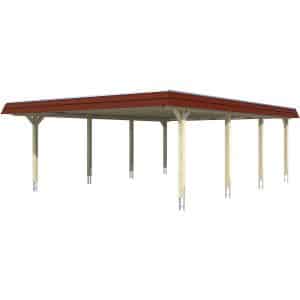 Skan Holz Doppelcarport Wendland Natur 630 x 879 cm EPDM-Dach Blende Rot