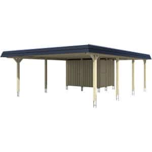 Skan Holz Doppelcarport Wendland Natur +Anbau 630x879cm EPDM-Dach Blende Schwarz