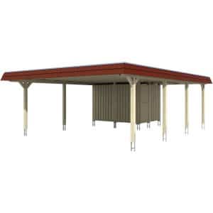 Skan Holz Doppelcarport Wendland Natur +Anbau 630x879 cm EPDM-Dach Blende Rot