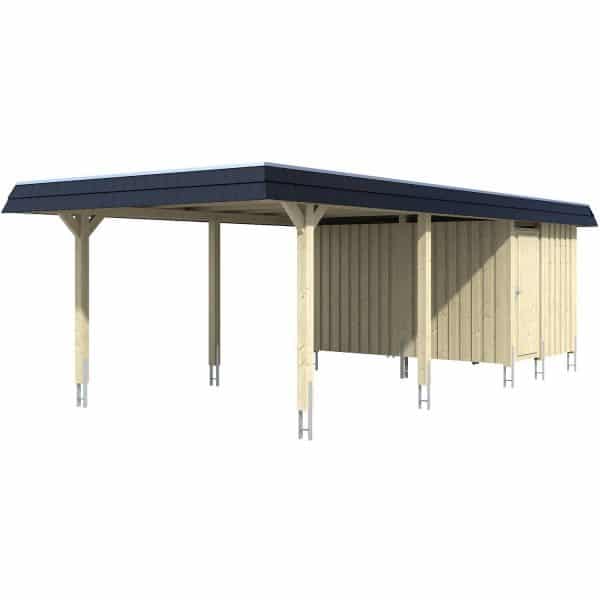 Skan Holz Carport Wendland Eiche hell + Anbau 409x870cm EPDM-Dach Blende Schwarz