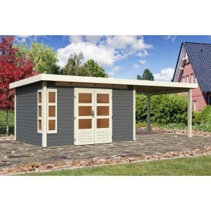 Karibu Holz-Gartenhaus/Gerätehaus Kastberg 7 Terragrau 702 cm x 273 cm mit Anbaudach