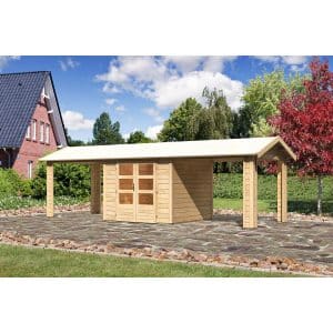 Karibu Holz-Gartenhaus/Gerätehaus Timra 3 Naturbelassen 767 cm x 288 cm mit Anbaudach