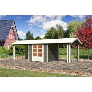 Karibu Holz-Gartenhaus/Gerätehaus Timra 3 Terragrau 767 cm x 288 cm mit Anbaudach