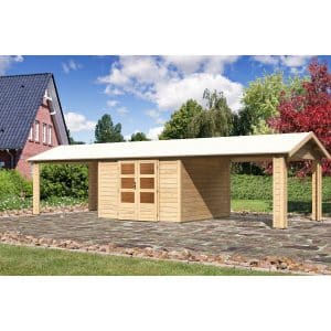 Karibu Holz-Gartenhaus/Gerätehaus Timra 7 Naturbelassen 947 cm x 348 cm mit Anbaudach