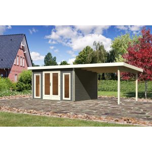 Karibu Holz-Gartenhaus/Gerätehaus Norrköping 2 Terragrau 724 cm x 360 cm mit Anbaudach