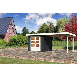 Karibu Holz-Gartenhaus/Gerätehaus Ängelholm 2 Anthrazit 255 cm x 273 cm mit Anbaudach