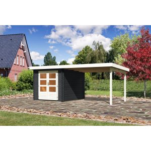 Karibu Holz-Gartenhaus/Gerätehaus Ängelholm 4 Anthrazit 255 cm x 333 cm mit Anbaudach
