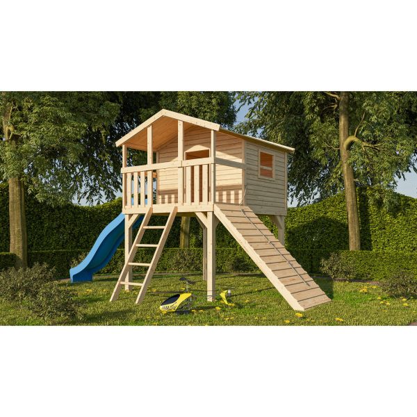 Karibu Stelzenhaus Benjamin Set Natur Holzrampe Rutsche 3 m Blau