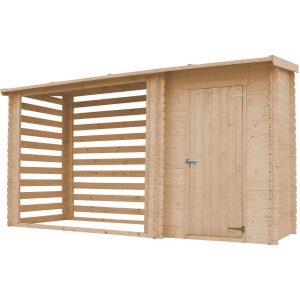 TIMBELA Gartenhaus/Gerätehaus Holz mit Brennholzregal 3