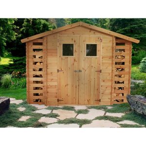 Timbela Gartenhaus/Gerätehaus Holz mit 2 Brennholzregalen M391+M391G 5