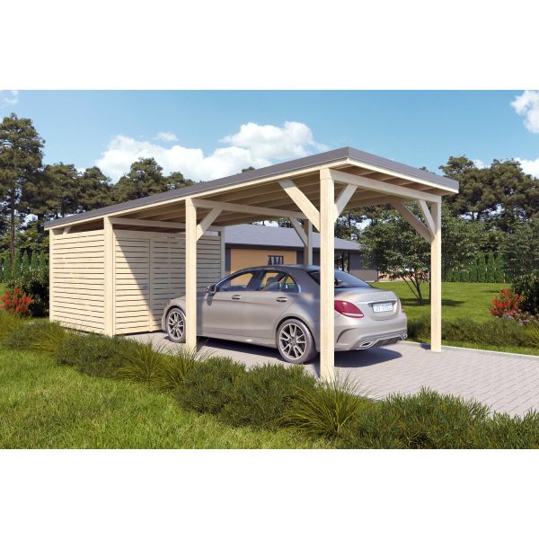 Holzbrüder Carport Ralf mit Geräteraum Natur 300 x 868 cm Blechdach Dunkelgrau