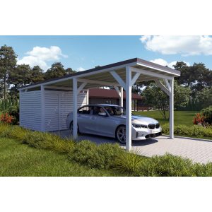 Holzbrüder Carport Ralf mit Geräteraum Reinweiß 300 x 868 cm Dunkelbraun