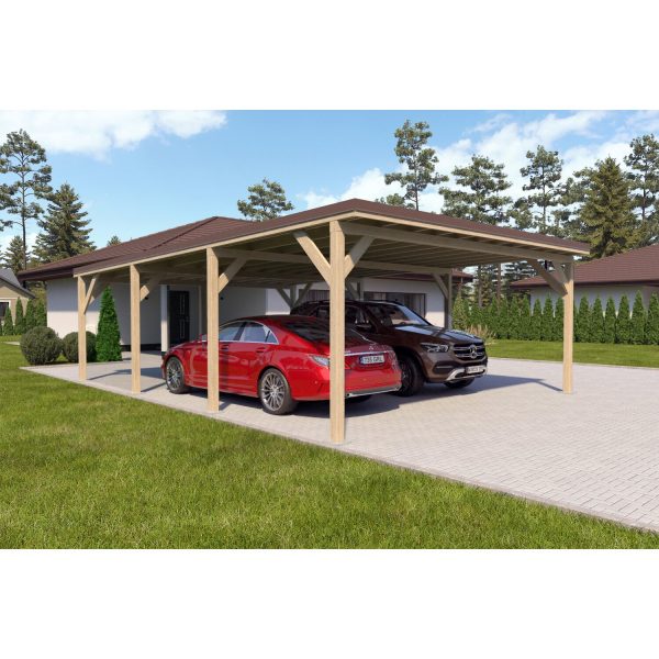 Holzbrüder Doppelcarport Ralf Imprägniert 600 x 868 cm Blechdach Dunkelbraun