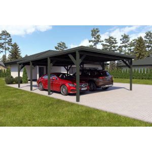 Holzbrüder Doppelcarport Ralf Chromoxidgrün 600 cm x 868 cm Blechdach Dornengrün