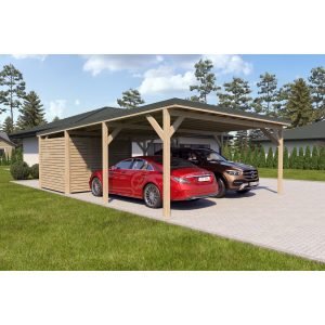 Holzbrüder Doppelcarport Ralf m. kl. Geräteraum Impräg. 600 x 868 cm Dornengrün