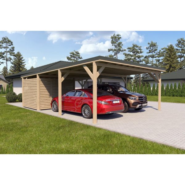 Holzbrüder Doppelcarport Ralf mit kl. Geräteraum Natur 600 x 868 cm Dornengrün