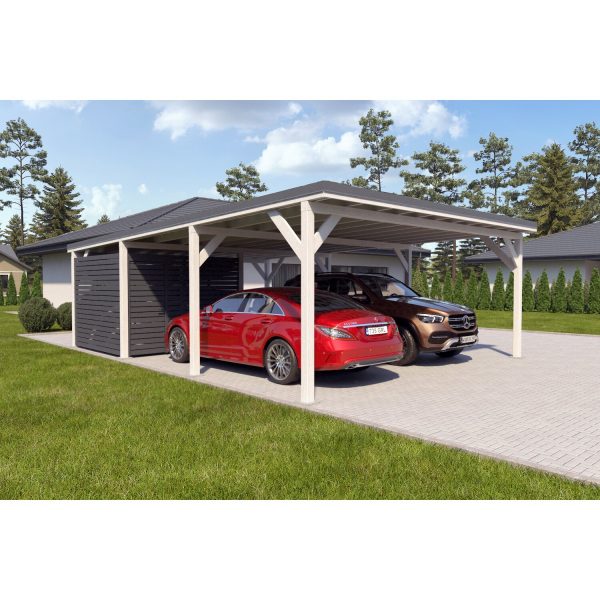 Holzbrüder Doppelcarport Ralf m. kl. Geräteraum Weiß 600 x 868 cm Dunkelgrau