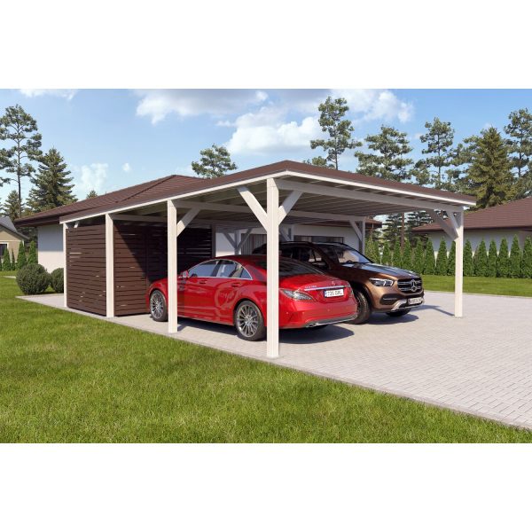 Holzbrüder Doppelcarport Ralf m. kl. Geräteraum Weiß 600 x 868 cm Dunkelbraun