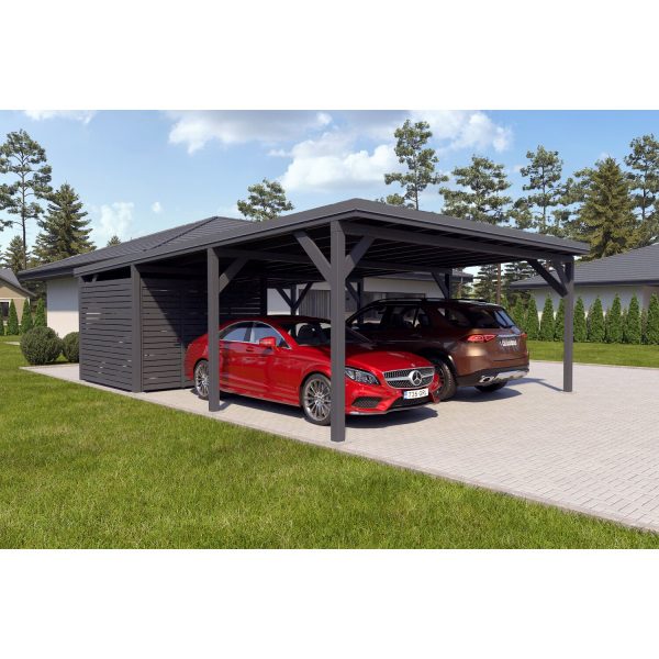 Holzbrüder Doppelcarport Ralf m. kl. Geräteraum Anthrazit 600 x 868 cm Dunkelgr.