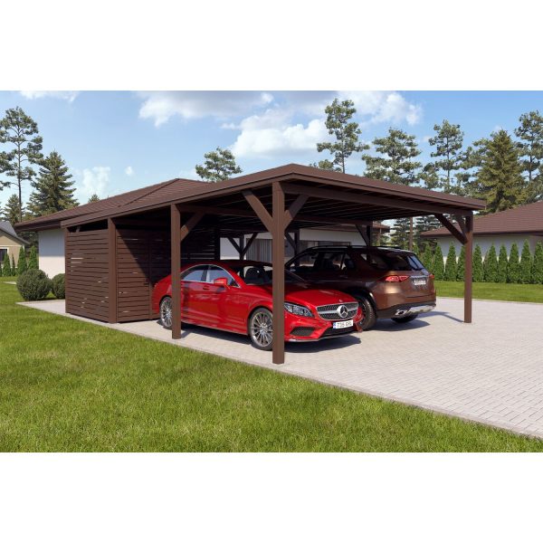 Holzbrüder Doppelcarport Ralf m. kl. Geräteraum Braun 600 x 868 cm Dunkelbraun