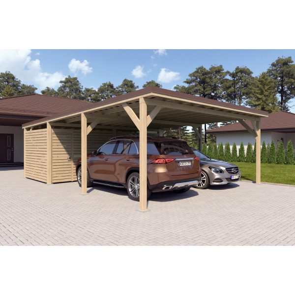 Holzbrüder Doppelcarport Ralf m. Geräteraum Imprägniert 600 x 868 cm Dunkelbraun