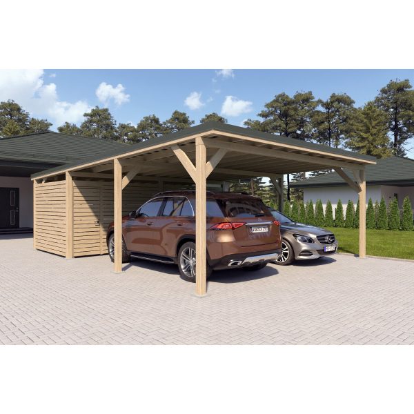 Holzbrüder Doppelcarport Ralf m. Geräteraum Imprägniert 600 x 868 cm Dornengrün