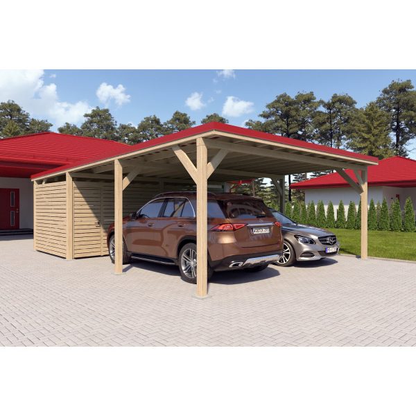 Holzbrüder Doppelcarport Ralf m. Geräteraum Imprägniert 600 x 868 cm Rot