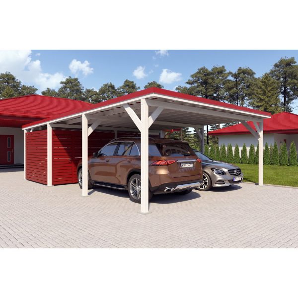 Holzbrüder Doppelcarport Ralf mit Geräteraum Reinweiß 600 x 868 cm Blechdach Rot