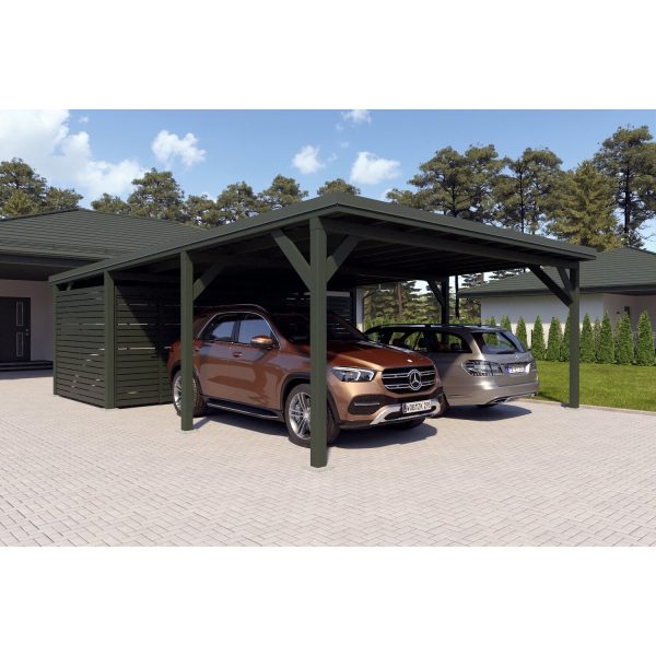 Holzbrüder Doppelcarport Ralf mit Geräteraum Grün 600 x 868 cm Dornengrün