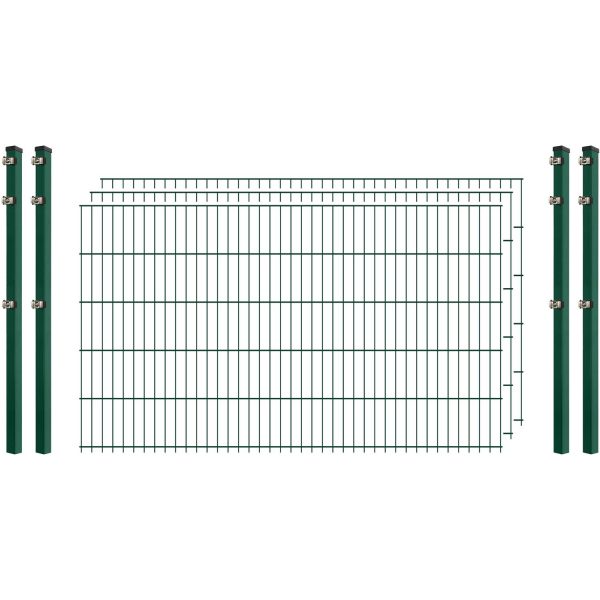 Einsteiger-Zaunset 5/4/5 Doppelstab 3 Matten + 4 Pfosten 250/103 cm Dunkelgrün