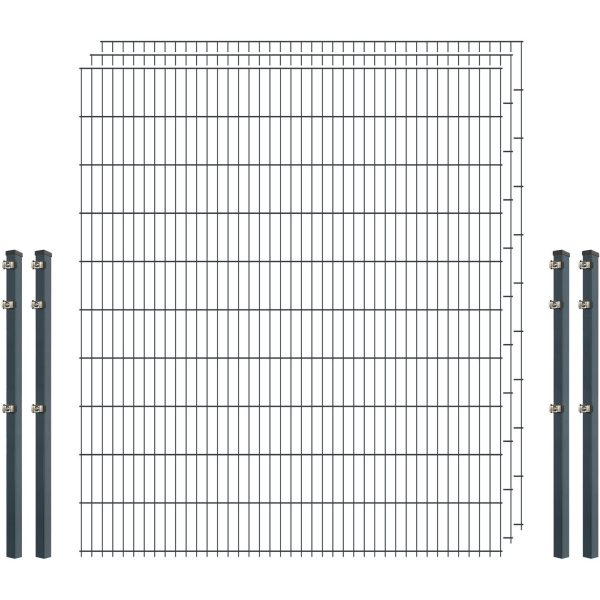 Einsteiger-Zaunset 5/4/5 Doppelstab 3 Matten + 4 Pfosten 250/203 cm Anthrazit