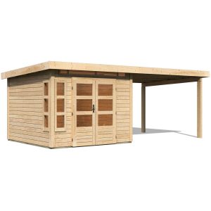 Karibu Holz-Gartenhaus/Gerätehaus Terni Unbehandelt 270 cm x 270 cm mit Anbaudach und Boden