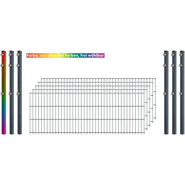 Industrie-Zaunset 8/6/8 Doppelstab 5 Matten + 6 Pfosten 250/63 cm Freie Farbwahl