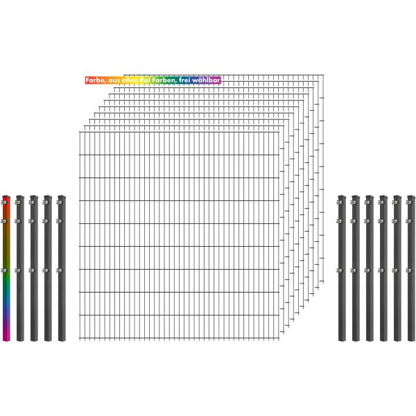 Industrie-Zaunset 8/6/8 Doppelstab 10 Matten+11 Pfosten 250/183 cm Freie Farbw.