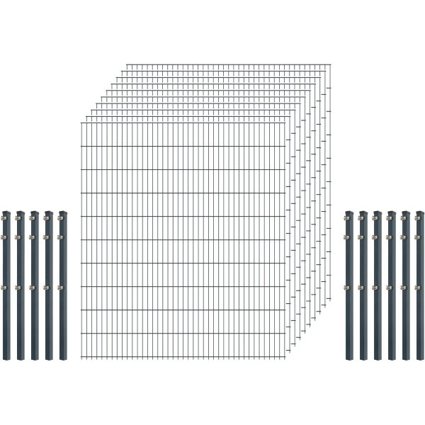 Industrie-Zaunset 8/6/8 Doppelstab 10 Matten +11 Pfosten 250/203 cm Dunkelgrün