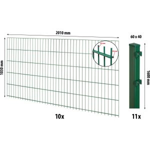 Floraworld Doppelstabmatten-Zaunset mit Pfosten 6 x 4 cm Grün 103 x 2000 cm