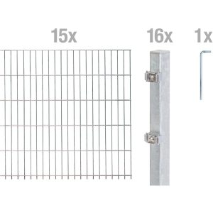 Metallzaun Grund-Set Doppelstabmatte feuerverzinkt 15 x 2 m x 1