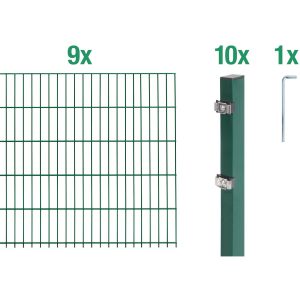 Metallzaun Grund-Set Doppelstabmatte verz. Grün beschichtet 9 x 2 m x 1