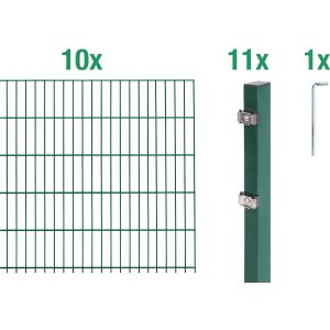 Metallzaun Grund-Set Doppelstabmatte verz. Grün beschichtet 10 x 2 m x 0