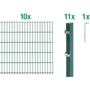 Metallzaun Grund-Set Doppelstabmatte verz. Grün beschichtet 10 x 2 m x 1
