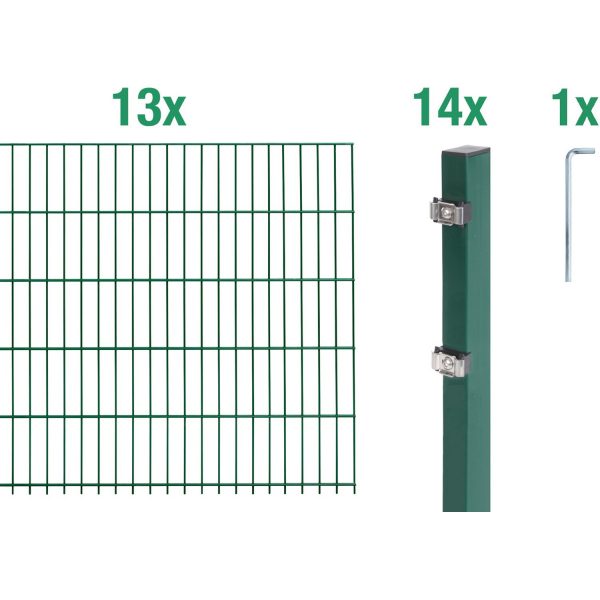 Metallzaun Grund-Set Doppelstabmatte verz. Grün beschichtet 13 x 2 m x 1