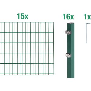 Metallzaun Grund-Set Doppelstabmatte verz. Grün beschichtet 15 x 2 m x 1