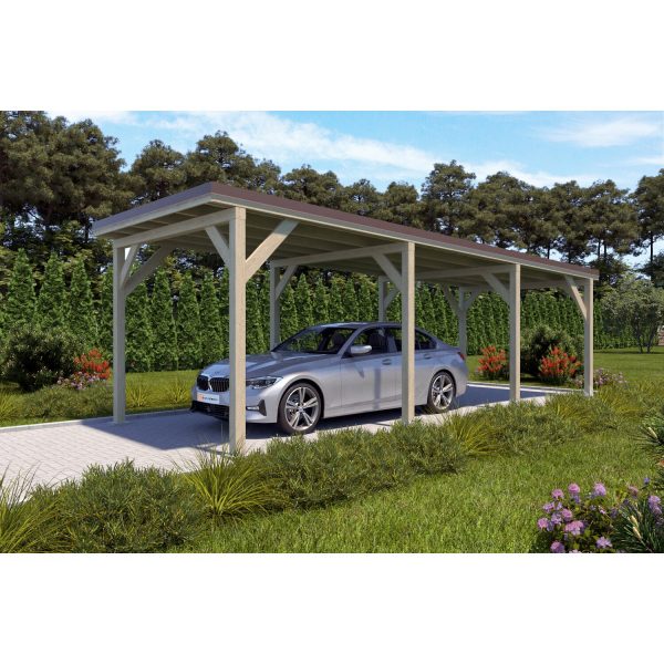 Holzbrüder Carport Ralf mit Geräteraum Natur 300 x 868 cm Blechdach Dunkelbraun