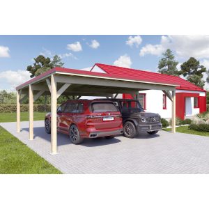 Holzbrüder Doppelcarport Ralf Imprägniert 700 x 600 cm Blechdach Rot