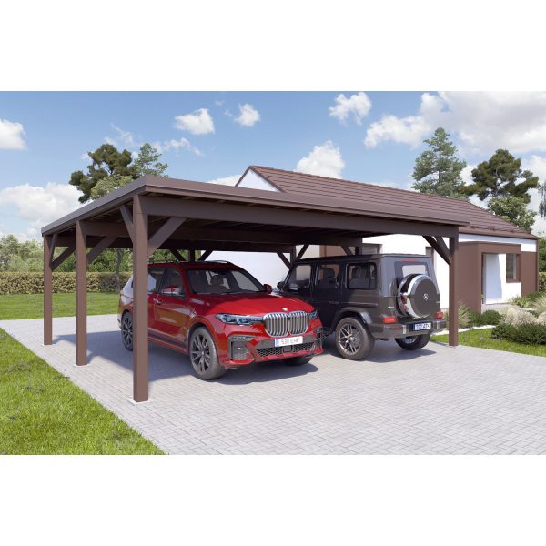 Holzbrüder Doppelcarport Ralf Graubraun 700 cm x 600 cm Blechdach Dunkelbraun